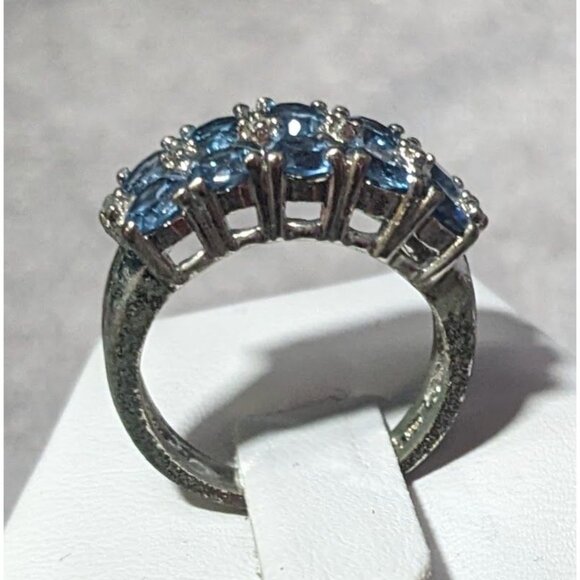 Blue And Clear Gemmed Double Row Silver Tone Ring Size 5 3/4 - Picture 6 of 16